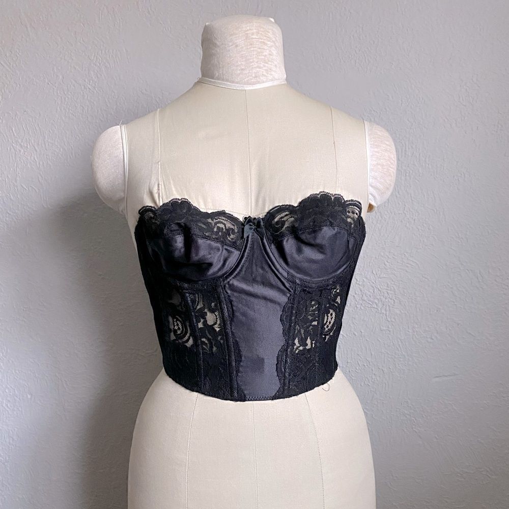 Victoria's Secret Black Lace Corset Gold Label 1980s Bustier Sz 32C Top Vintage